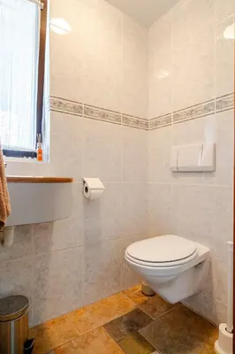 a bathroom with a white toilet and a window at Huisje Marie Loosdrecht in Loosdrecht