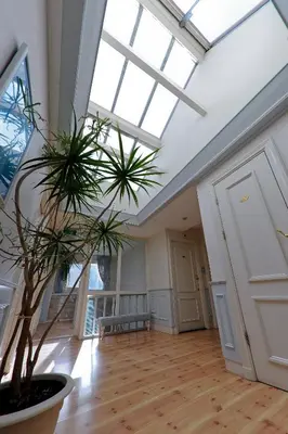 a large room with a skylight and a plant in a pot at Imperial Hotel Amsterdam in Amsterdam