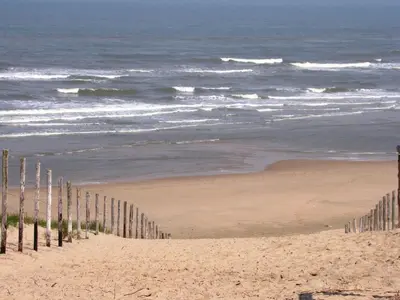 a beach with fence posts in the sand at Holiday Home near Dutch Coast & Forest in Noordwijk