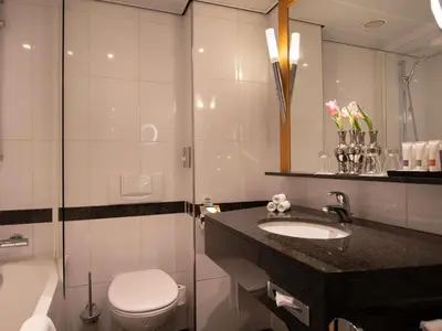 a bathroom with a toilet and a sink and a mirror at Swissôtel Amsterdam in Amsterdam