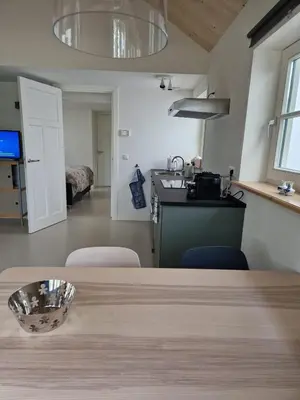 a room with a table with chairs and a kitchen at Fenix Edam in Edam