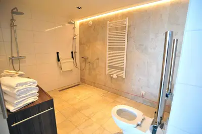 a bathroom with a toilet and a shower and a sink at Hotel Zuiderduin in Egmond aan Zee
