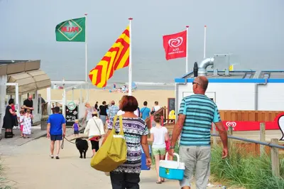 a group of people walking on the beach with flags at Hotel Zuiderduin in Egmond aan Zee
