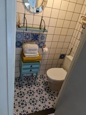 a bathroom with a toilet and a sink and a mirror at zomerhuis in Wijk aan Zee! 2 pers in Wijk aan Zee