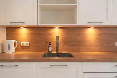 a kitchen with a sink and a wooden wall at Studio Duinzand in Zandvoort