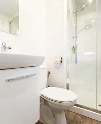 a white bathroom with a toilet and a shower at Park Westerkogge in Berkhout