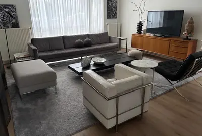 a living room with a couch and a tv at Near Amsterdam and airport, 90m2, privacy! in Hoofddorp