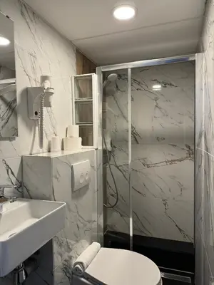 a bathroom with a shower and a toilet and a sink at Hotel Titus City Centre in Amsterdam
