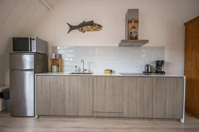 a kitchen with a sink and a refrigerator at Bodhi Beach House in Egmond aan Zee