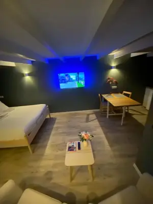 a room with a bed and a table and a tv at Studio Luxe 31 Zandvoort met gratis parkeerplaats in Zandvoort