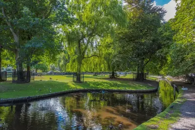 a river in a park with trees and grass at Studio Verver in Bergen