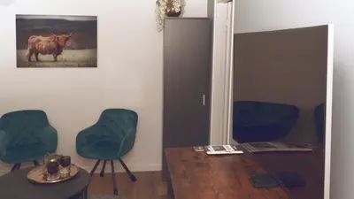 a room with two chairs and a table and a picture of a horse at Luxe woning ‘BARNS’ Castricum aan Zee + airco + parkeren in Castricum