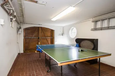 a ping pong table in the middle of a room at Villa de Duintop in Bergen aan Zee