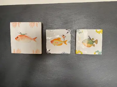 three cards with drawings of fishes on them at Duinzicht 2 in Bergen aan Zee