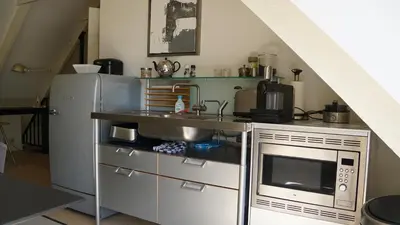 a kitchen with a sink and a refrigerator at Room One-Twenty-One in Naarden