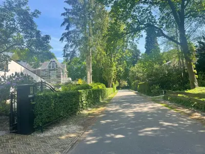 a road in a park with a house and trees at Huisje Hendrik in Baarn