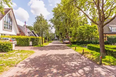 a brick road in a residential neighborhood with trees at Huize Nassau in Bergen