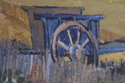 a painting of a painting of a blue train at Bicycle Hotel Amsterdam in Amsterdam
