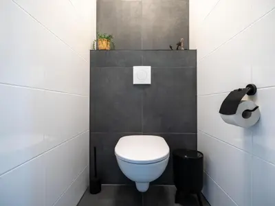 a bathroom with a white toilet and a black wall at Lakehouse I in Uitgeest