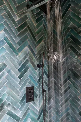 a shower in a bathroom with blue tiles at Résidence Beaufort in Zandvoort