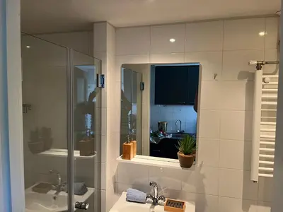 a bathroom with a shower and a sink and a mirror at Vakantiehuisje aan Zee met Dakterras Rust en Strand 250 m in Egmond aan Zee