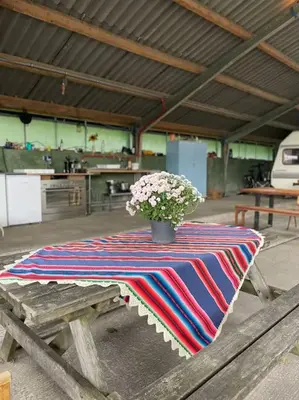 a picnic table with a vase of flowers on it at Groepsaccommodatie op natuurboerderij Huize Blokland in Hem