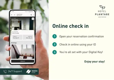 a hand holding a iphone displaying the online check in notification at Hotel Plantage in Amsterdam