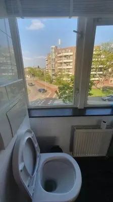 a bathroom with a toilet with a large window at Luminous appartment - Juliana Park free parking in Utrecht