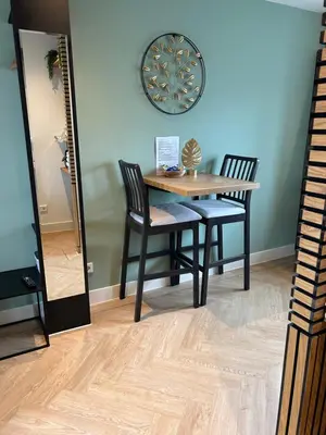 a dining room table with two chairs and a mirror at Bnb de leeuw in Badhoevedorp