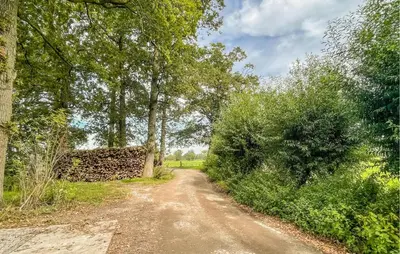 a dirt road with trees and a stone wall at Lovely Home In Putten With Kitchen in Putten