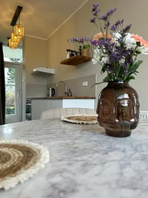 a vase filled with flowers sitting on a table at Amsterdam Beach Apartment 33, Private Garden in Zandvoort