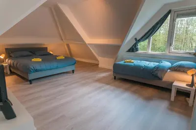 a attic bedroom with two beds and a window at The Poplar Place, Comfort & Hottub in Zeewolde