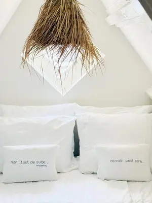 a bedroom with white pillows and a plant hanging from the ceiling at ELSK Cottage in Zandvoort