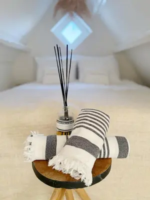 a table with a striped pillow on top of a bed at ELSK Cottage in Zandvoort