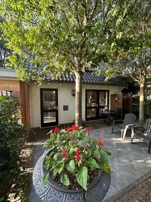 a pot of flowers in front of a house at Have a nice stay! - Vakantiehuis BijSaar in Noordwijk