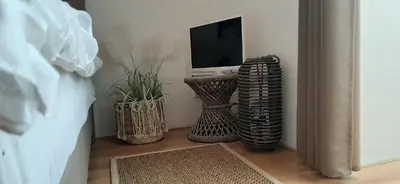 a corner of a room with two vases and a television at Hendrika Apartments in Zandvoort
