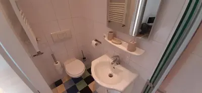 a small bathroom with a toilet and a sink at Hendrika Apartments in Zandvoort
