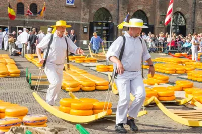 two men in yellow hats are pulling yellow barrels at Vakantiebungalow in Riviera Maison stijl nabij zee en strand, bos en duin in Warmenhuizen