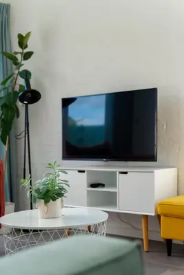 a living room with a tv on a white entertainment center at -Casa Branca- nabij het meer, strand en keukenhof in Noordwijkerhout