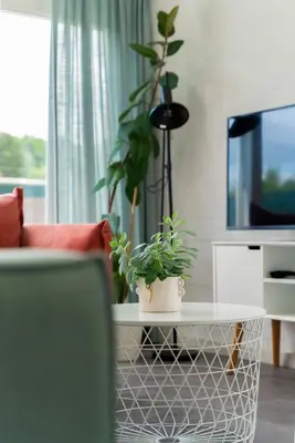 a living room with potted plants on a coffee table at -Casa Branca- nabij het meer, strand en keukenhof in Noordwijkerhout