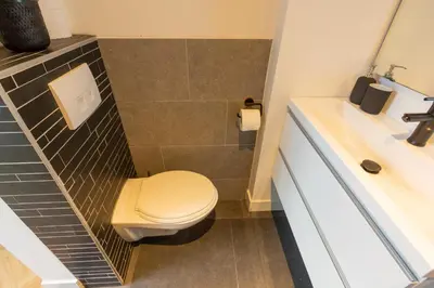 a bathroom with a toilet and a sink at Spacious private apartement, 25min from Amsterdam in Hilversum