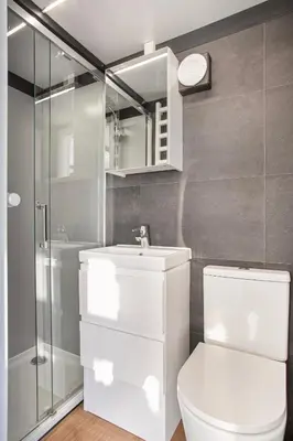 a bathroom with a toilet and a sink and a shower at Charming Tiny Houseboat Escape Near Amsterdam by Weltevreden Experience in Kortenhoef
