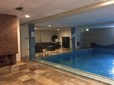 a swimming pool in a living room with a fireplace at Huize de Duinen in Bergen aan Zee