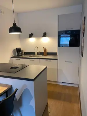a kitchen with a refrigerator and a sink at Sterflat 59 in Egmond aan Zee
