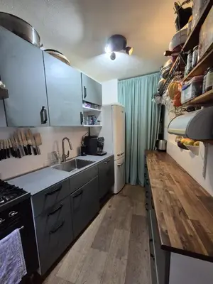 a small kitchen with a sink and a refrigerator at Appartement met 2 slaapkamers en tuin in Amsterdam in Amsterdam