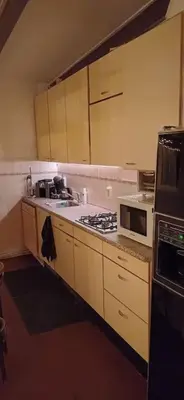 a kitchen with a stove and a microwave at number 8 in Leiden