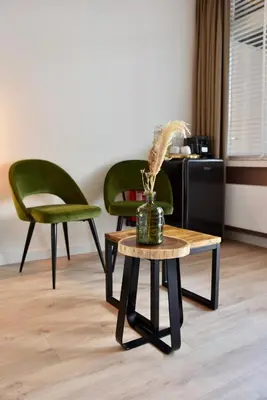 two green chairs and a table in a room at Hofje van Maas in Zandvoort