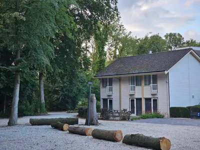 a house with a bunch of logs in front of it at Hotel Heemskerk in Heemskerk