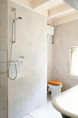 a bathroom with a shower with a toilet and a sink at Historical house on river Vecht in Maarssen