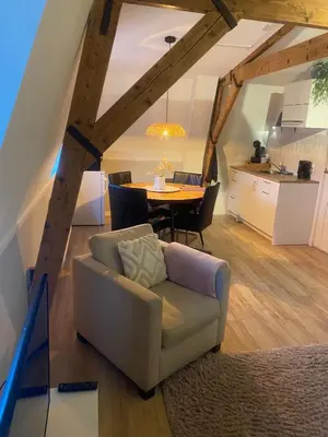 a living room with a couch and a table at Veldhorst Apartments in Leiden